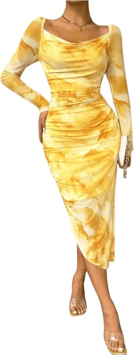 Floerns Women's Tie Dye Long Sleeve Cowl Neck Ruched Cocktail Bodycon Midi Dresses