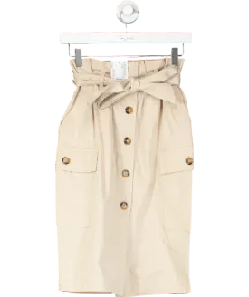 H&M Beige Cotton Paperbag Waist Midi Skirt With Pockets UK 6