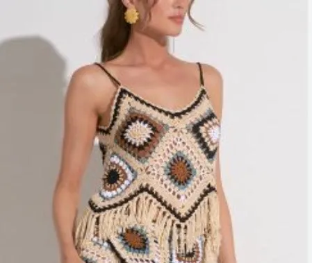 Handcrafted Crochet Top With Fringe By Elan