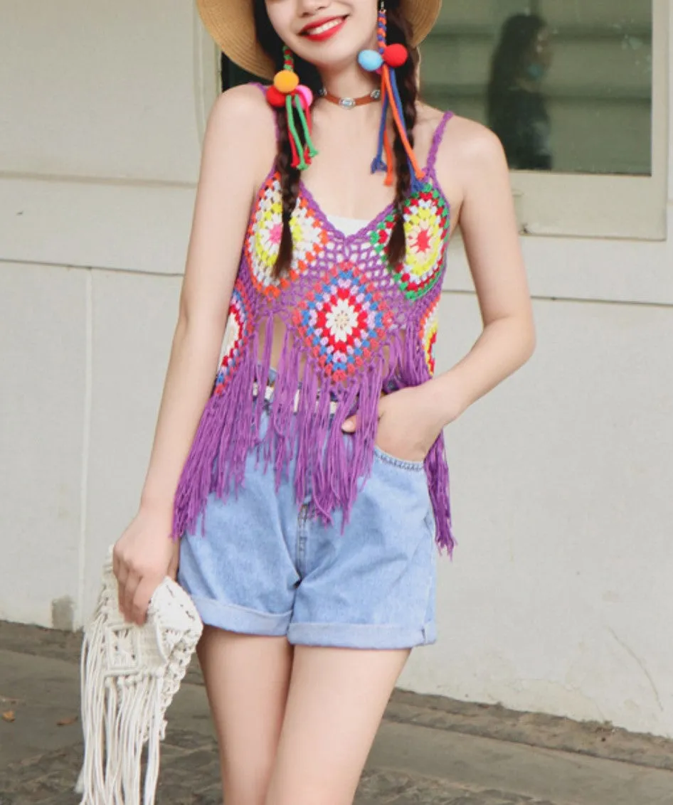 JC083602 Handmade Crochet Long Fringe Crop Top