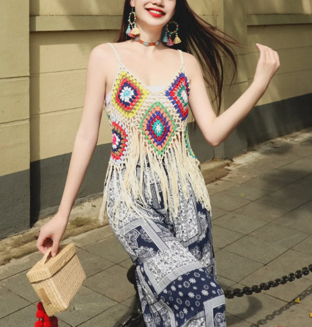 JC083602 Handmade Crochet Long Fringe Crop Top