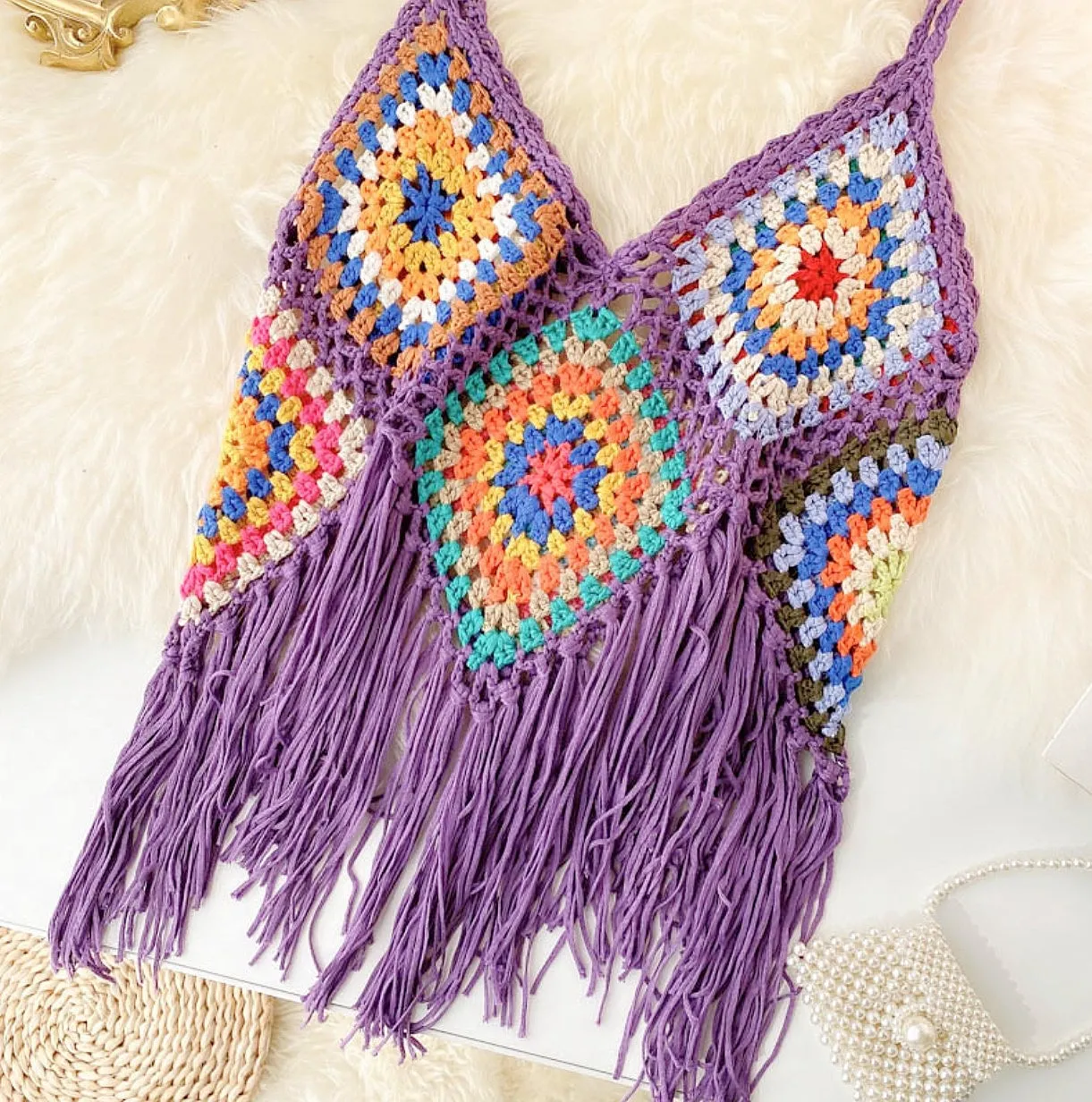 JC083602 Handmade Crochet Long Fringe Crop Top