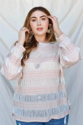 Junior Plus Tan Crochet Stripe Long Sleeve Semi-Sheer Top /1-2-1
