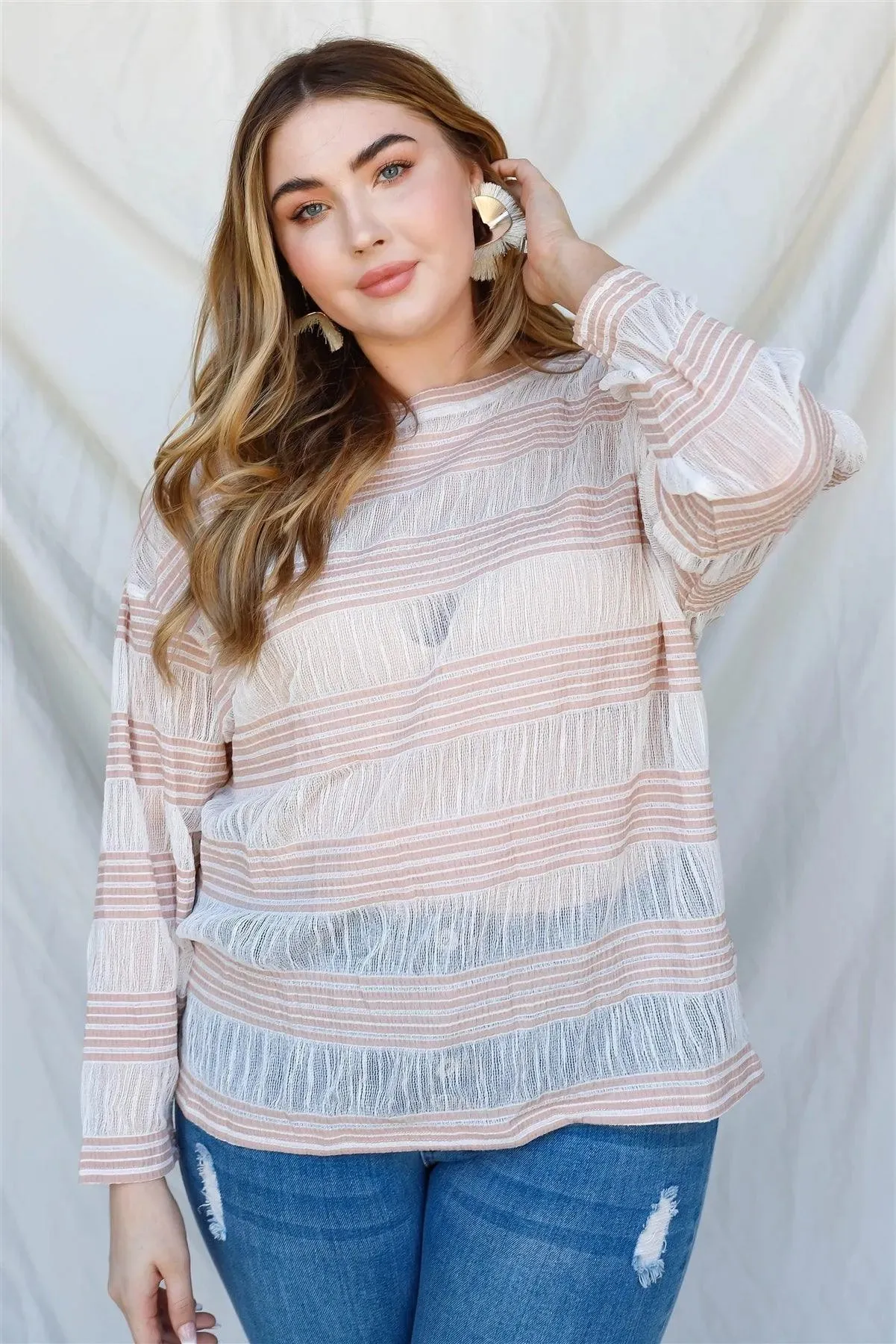 Junior Plus Tan Crochet Stripe Long Sleeve Semi-Sheer Top /1-2-1