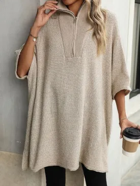 Knit Poncho w/ Half Zipper Front