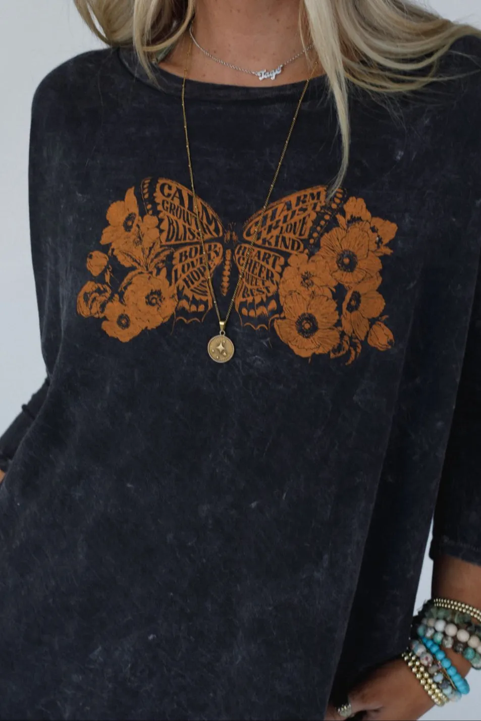Like A Butterfly Graphic Top - Charcoal