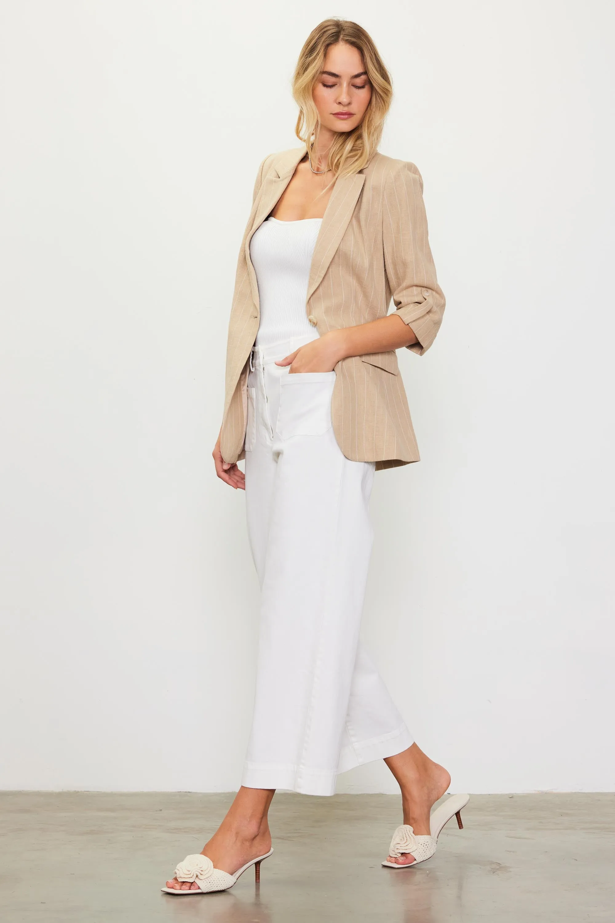Linen Pinstripe Cuffed Blazer