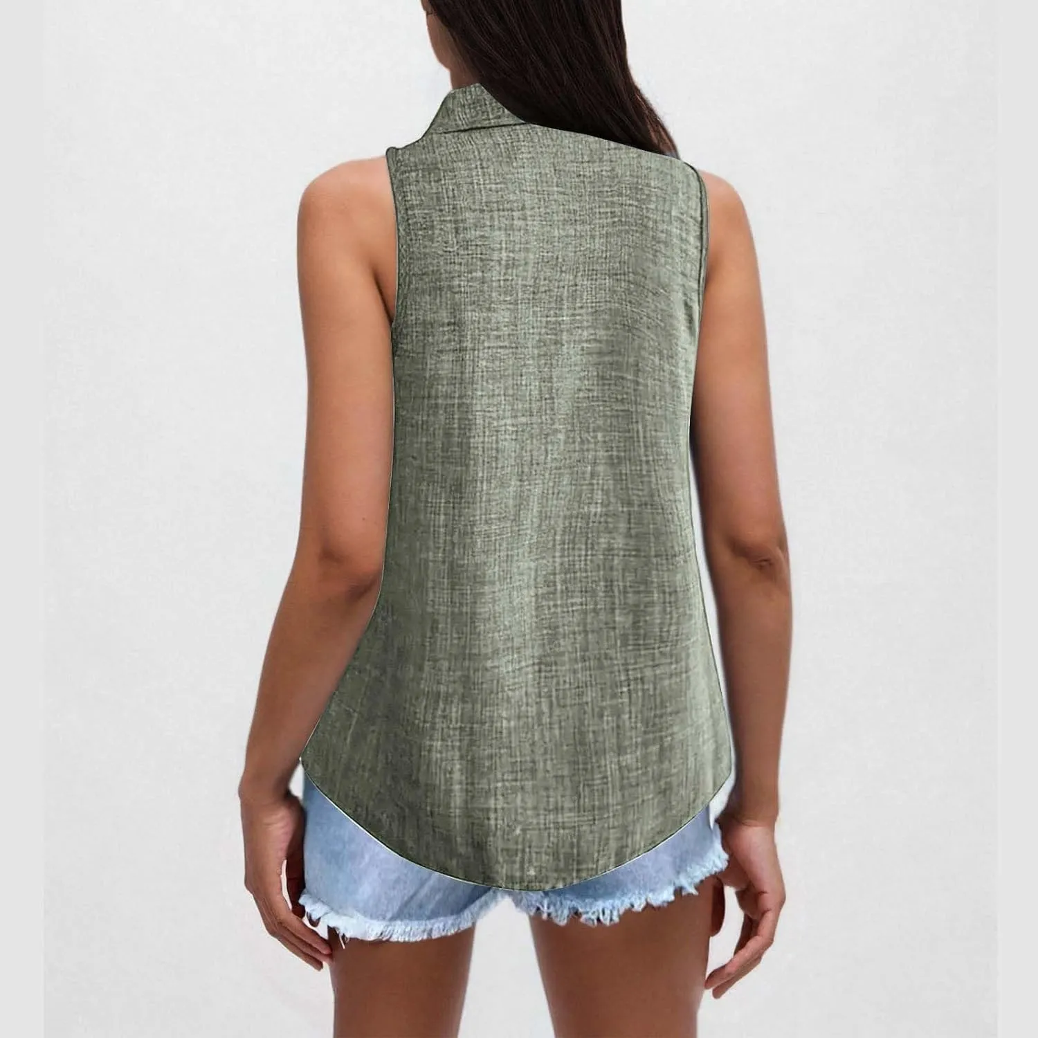 Linen Tank Tops for Women Dressy Casual Button Down Collared Shirt Loose Fit Sleeveless Tops Work Office Outfits