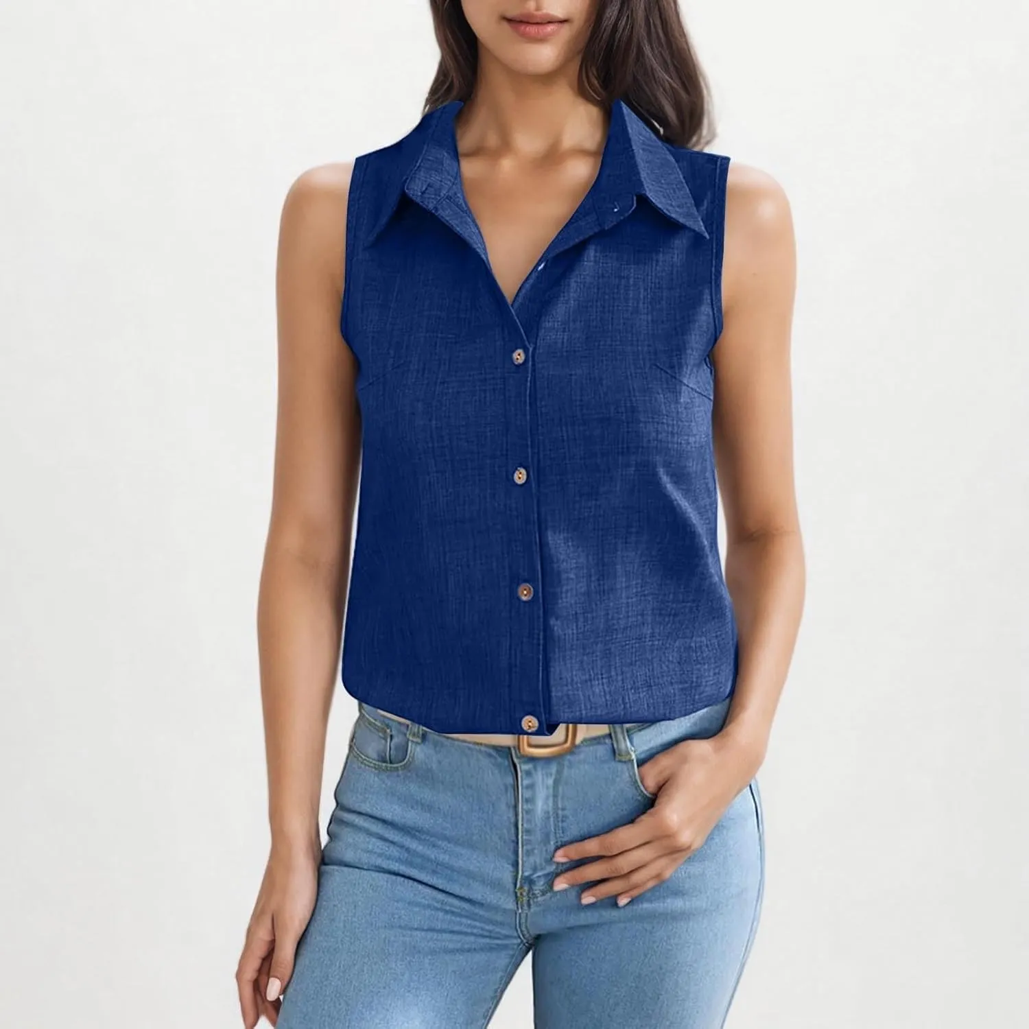 Linen Tank Tops for Women Dressy Casual Button Down Collared Shirt Loose Fit Sleeveless Tops Work Office Outfits