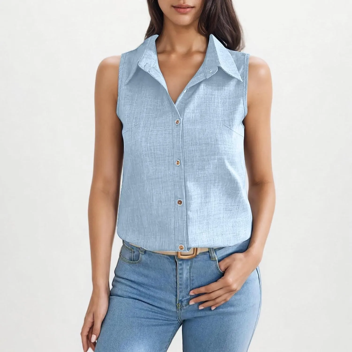 Linen Tank Tops for Women Dressy Casual Button Down Collared Shirt Loose Fit Sleeveless Tops Work Office Outfits
