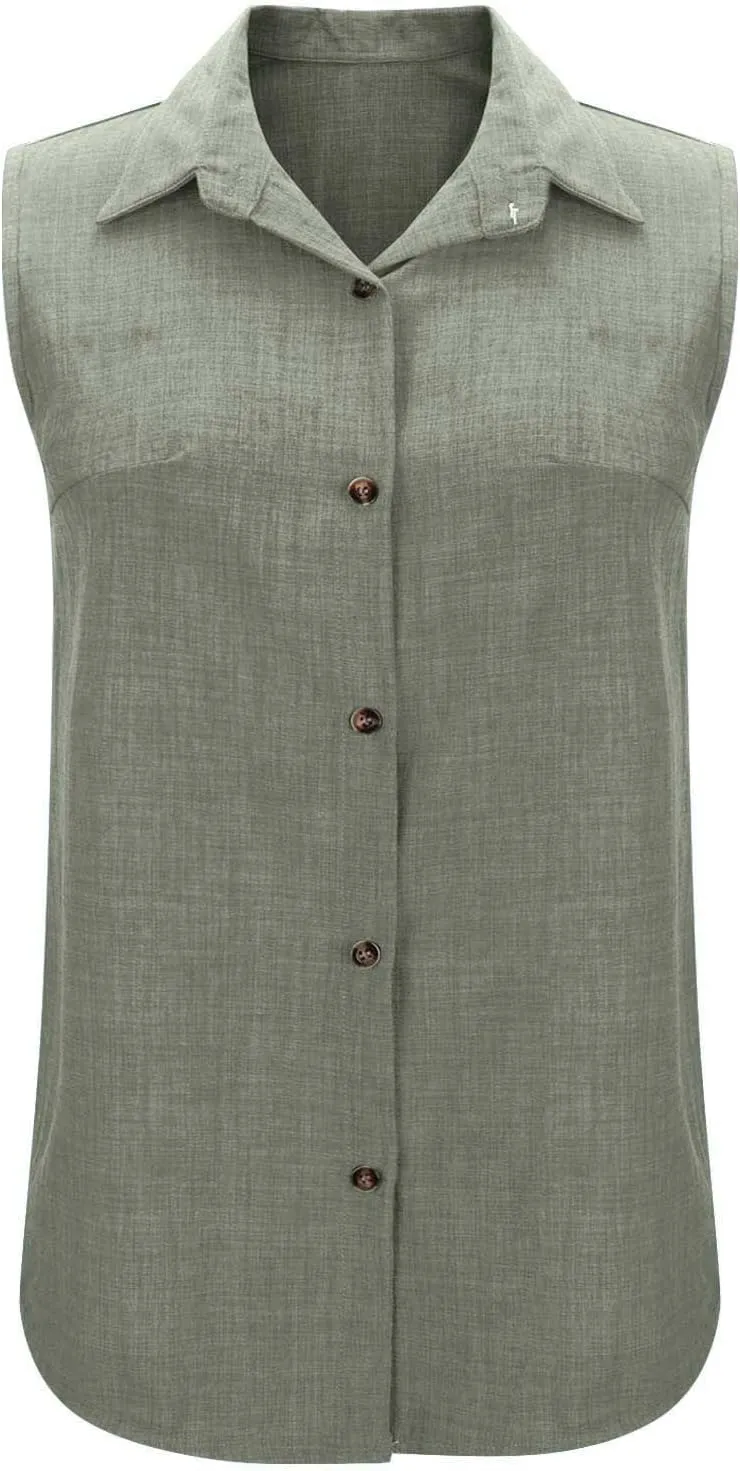 Linen Tank Tops for Women Dressy Casual Button Down Collared Shirt Loose Fit Sleeveless Tops Work Office Outfits