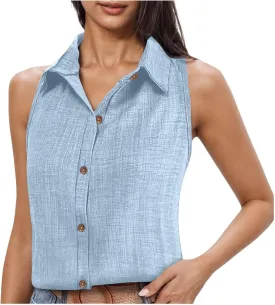 Linen Tank Tops for Women Dressy Casual Button Down Collared Shirt Loose Fit Sleeveless Tops Work Office Outfits