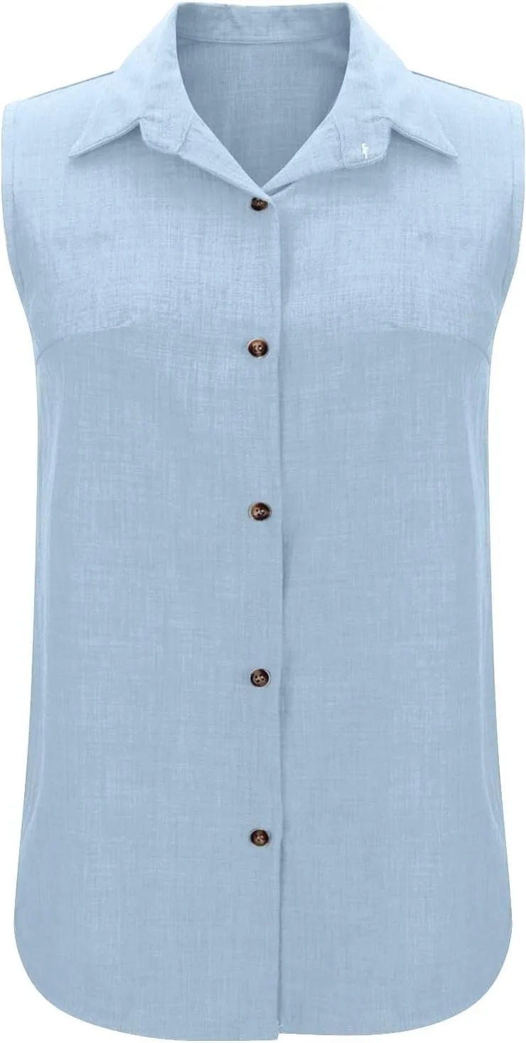 Linen Tank Tops for Women Dressy Casual Button Down Collared Shirt Loose Fit Sleeveless Tops Work Office Outfits