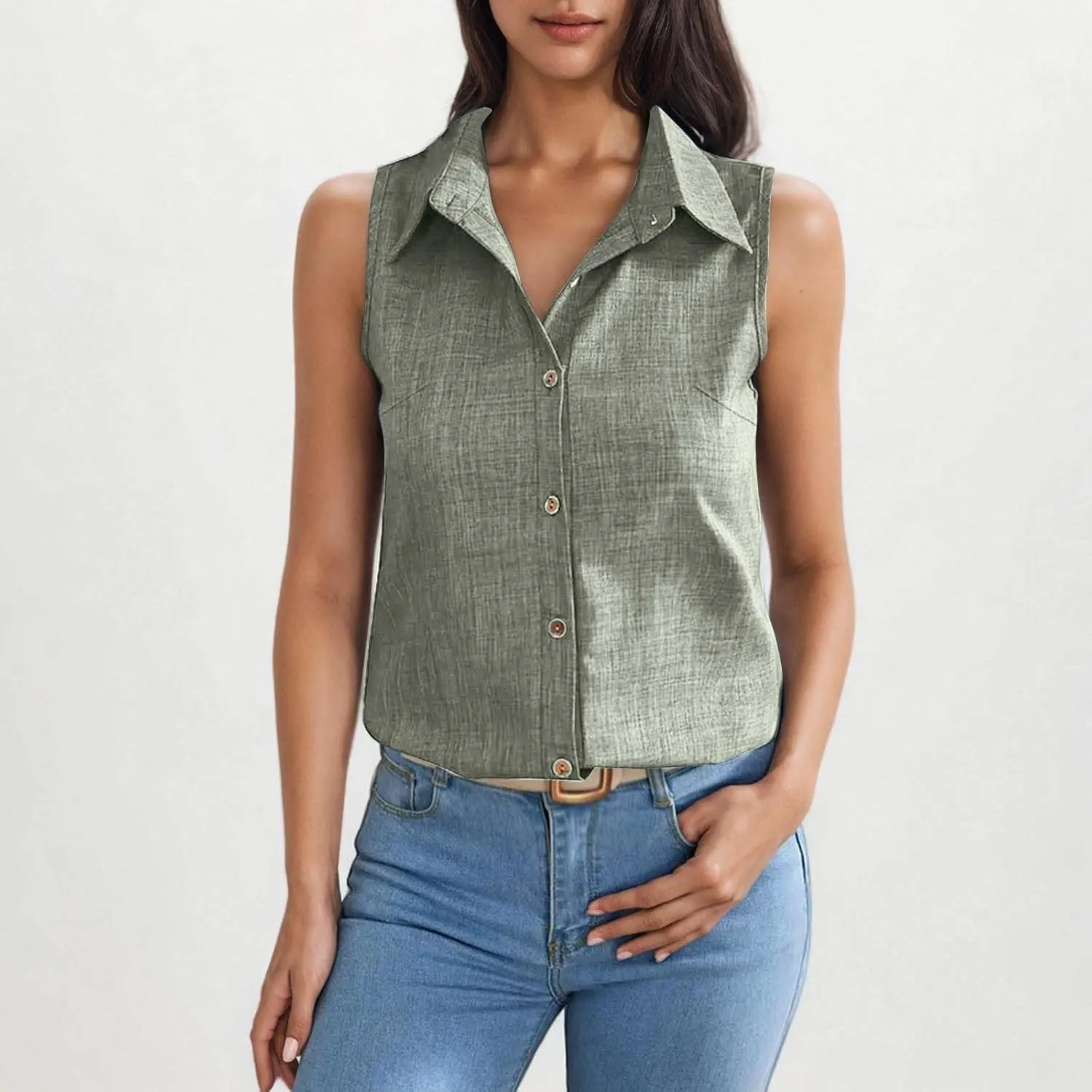 Linen Tank Tops for Women Dressy Casual Button Down Collared Shirt Loose Fit Sleeveless Tops Work Office Outfits