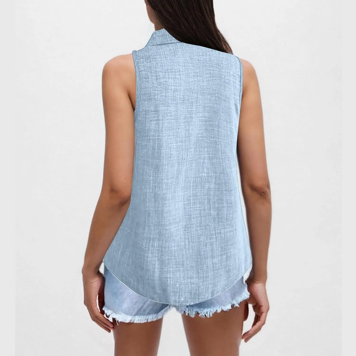 Linen Tank Tops for Women Dressy Casual Button Down Collared Shirt Loose Fit Sleeveless Tops Work Office Outfits