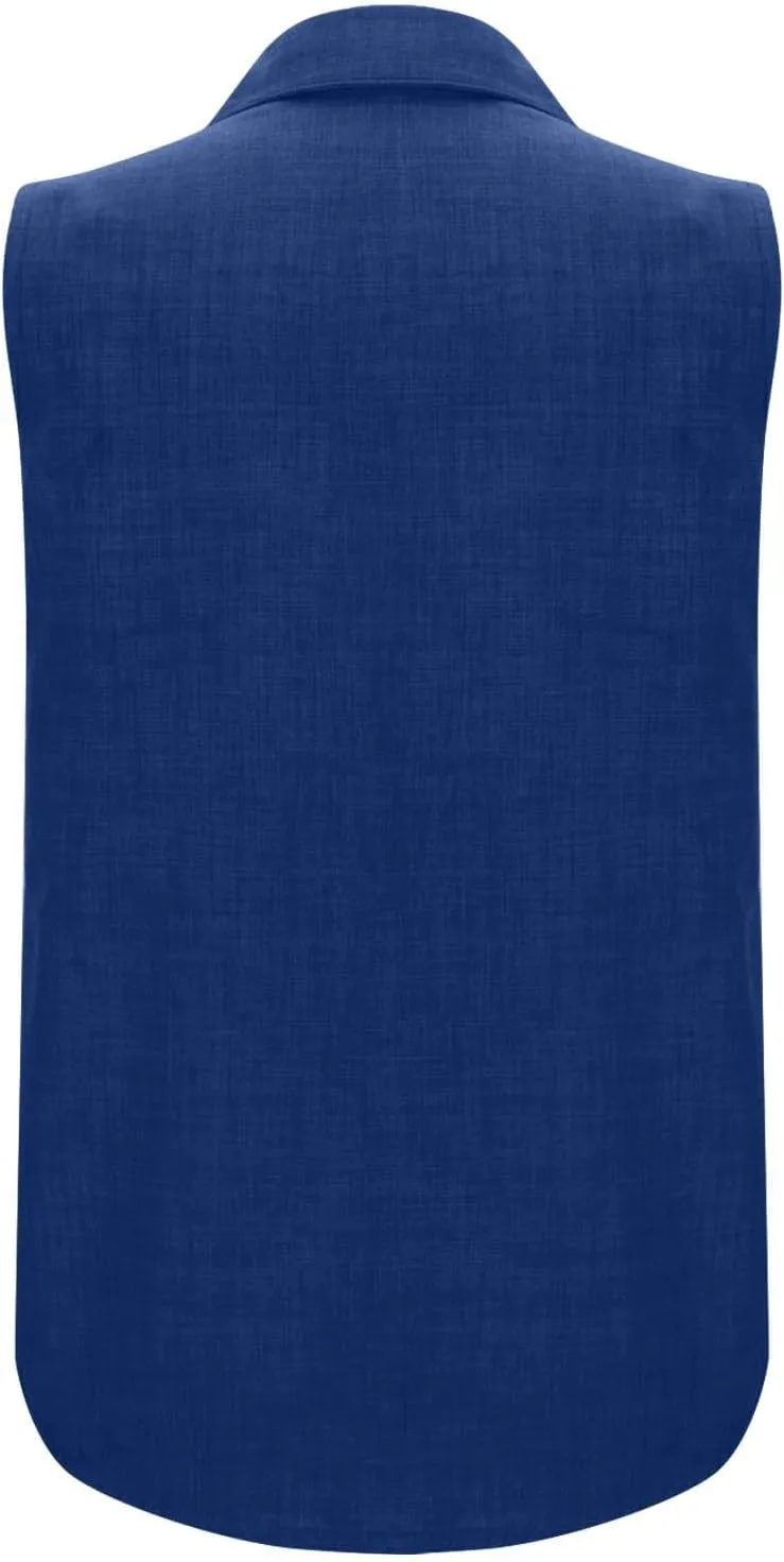Linen Tank Tops for Women Dressy Casual Button Down Collared Shirt Loose Fit Sleeveless Tops Work Office Outfits
