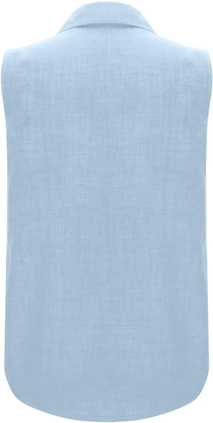 Linen Tank Tops for Women Dressy Casual Button Down Collared Shirt Loose Fit Sleeveless Tops Work Office Outfits