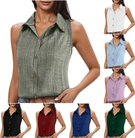 Linen Tank Tops for Women Dressy Casual Button Down Collared Shirt Loose Fit Sleeveless Tops Work Office Outfits
