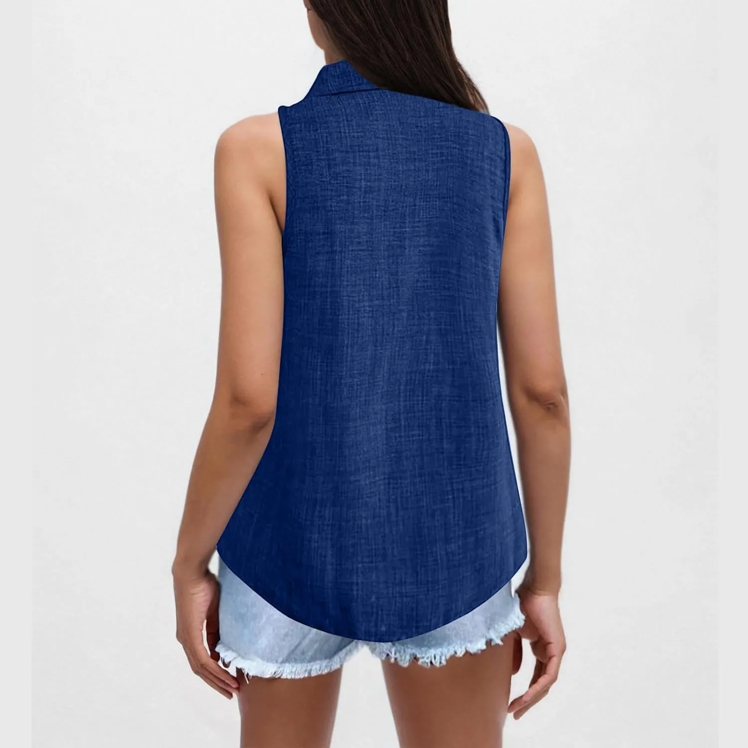Linen Tank Tops for Women Dressy Casual Button Down Collared Shirt Loose Fit Sleeveless Tops Work Office Outfits