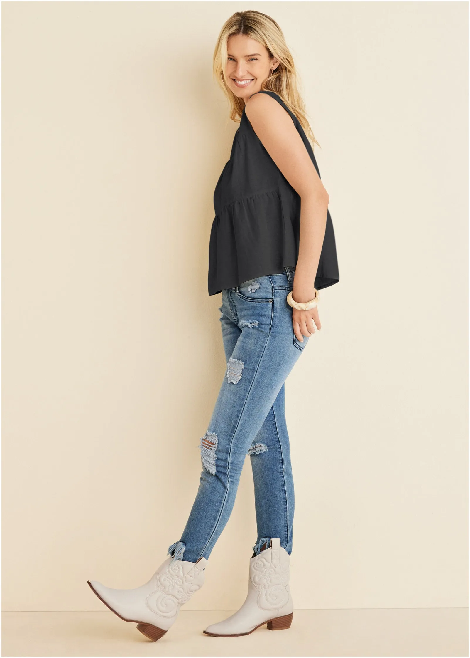 Linen Tiered Tank Top - Black