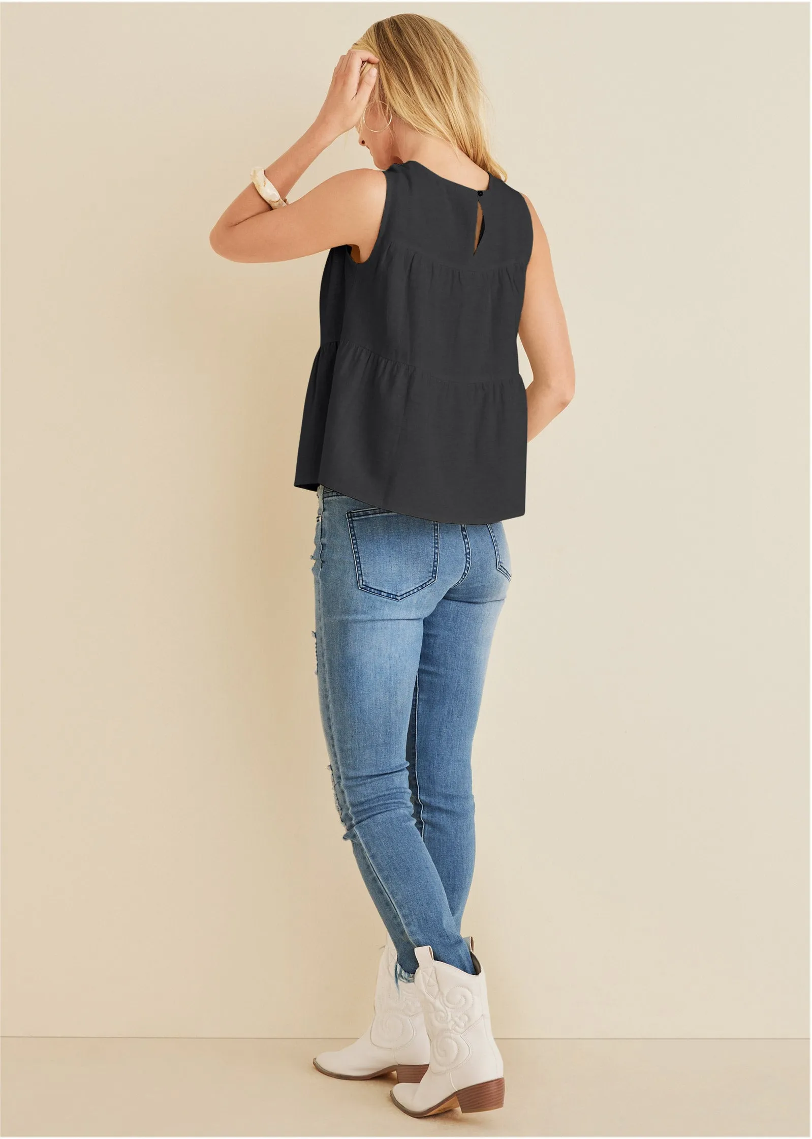 Linen Tiered Tank Top - Black
