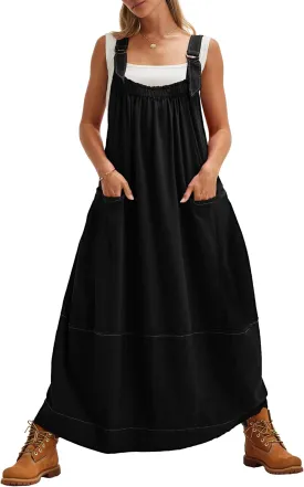 Locachy Women's Casual Midi Dress Baggy Loose Adjustable Straps Maxi Length Overall Jumpsuits with Pockets