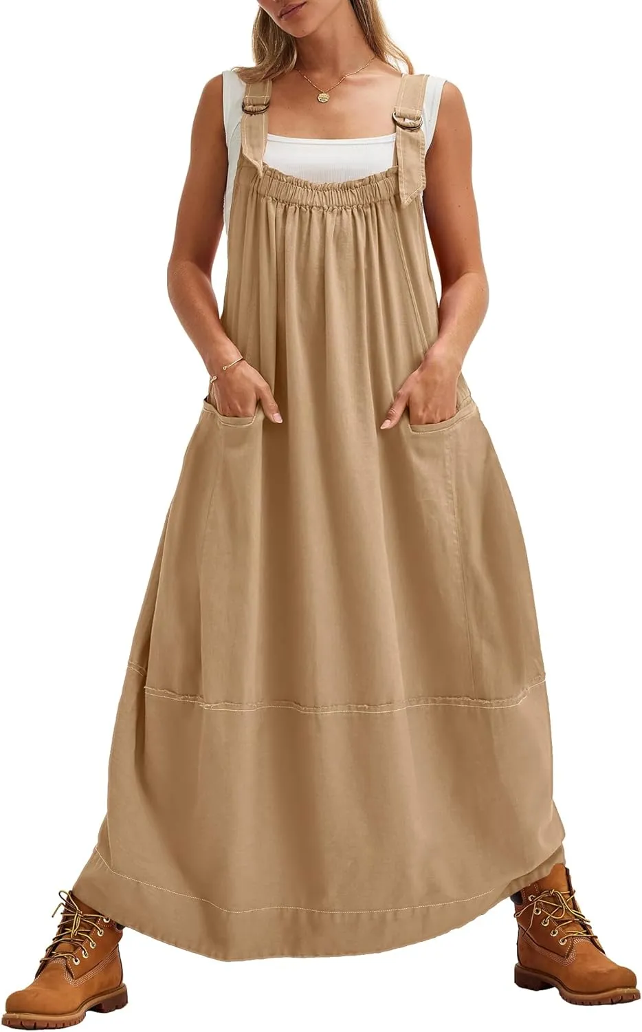 Locachy Women's Casual Midi Dress Baggy Loose Adjustable Straps Maxi Length Overall Jumpsuits with Pockets