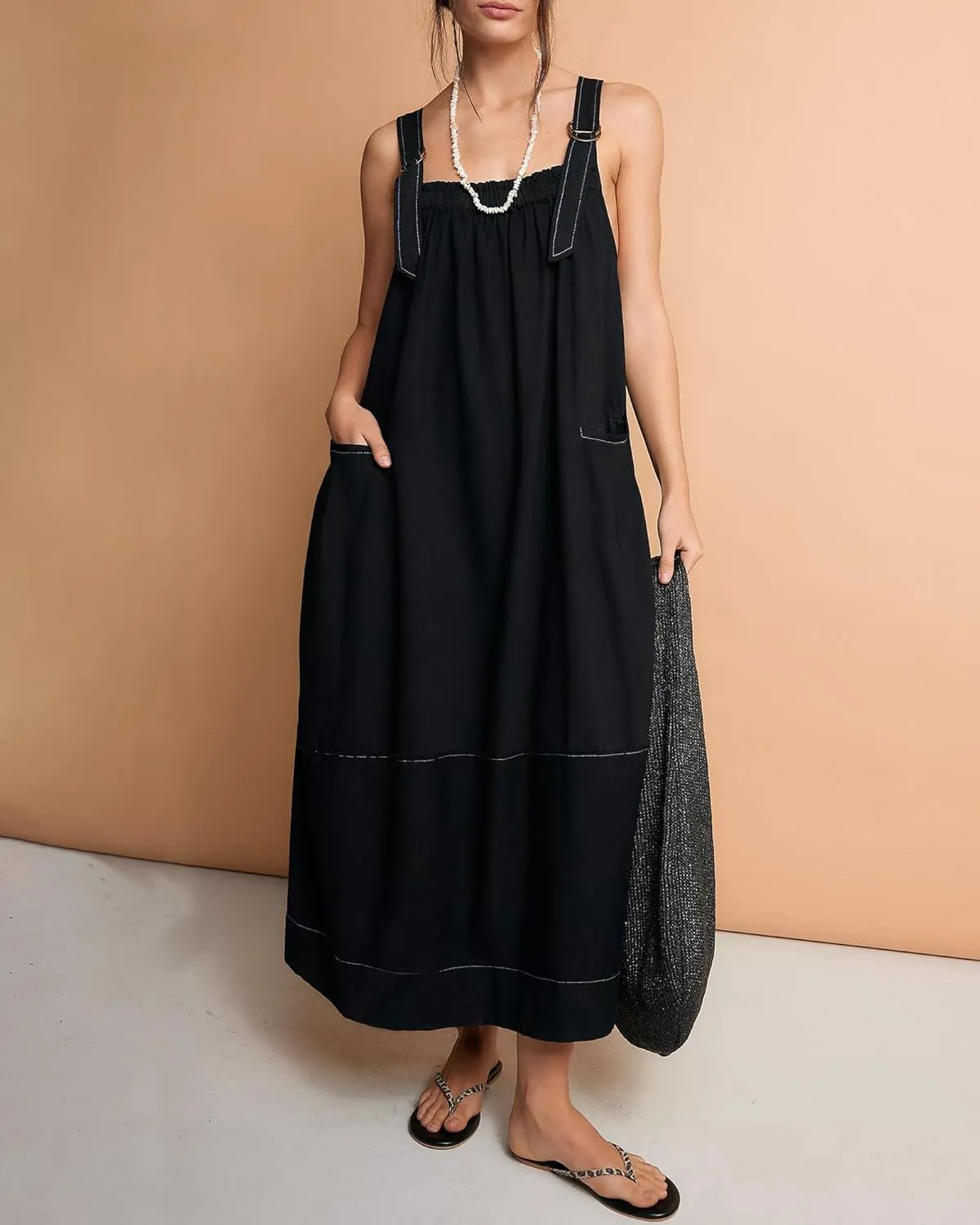 Locachy Women's Casual Midi Dress Baggy Loose Adjustable Straps Maxi Length Overall Jumpsuits with Pockets