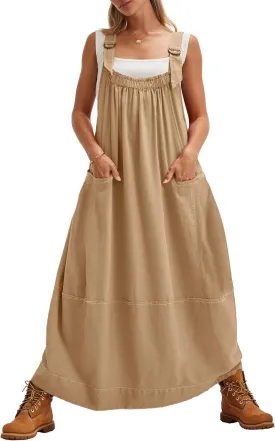 Locachy Women's Casual Midi Dress Baggy Loose Adjustable Straps Maxi Length Overall Jumpsuits with Pockets