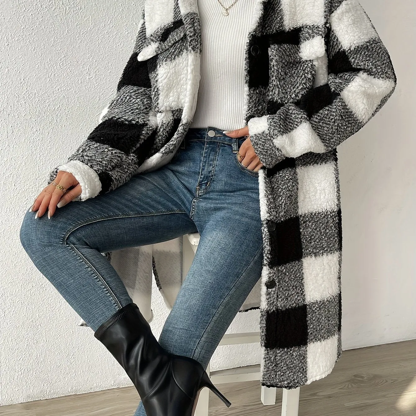 Maika | Women's Elegant Chic Checked Teddy Coat - Warm Stylish Winter Outerwear