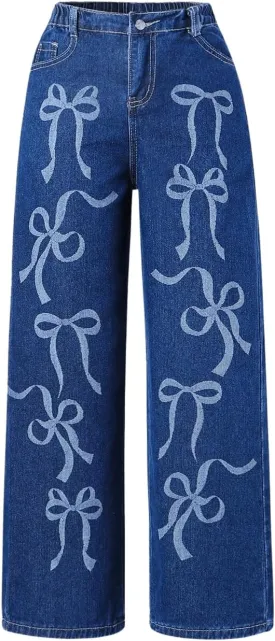 MakeMeChic Girl's Bow Knot Print Straight Leg Loose Fit Zip Fly Cute Jeans Denim Pants