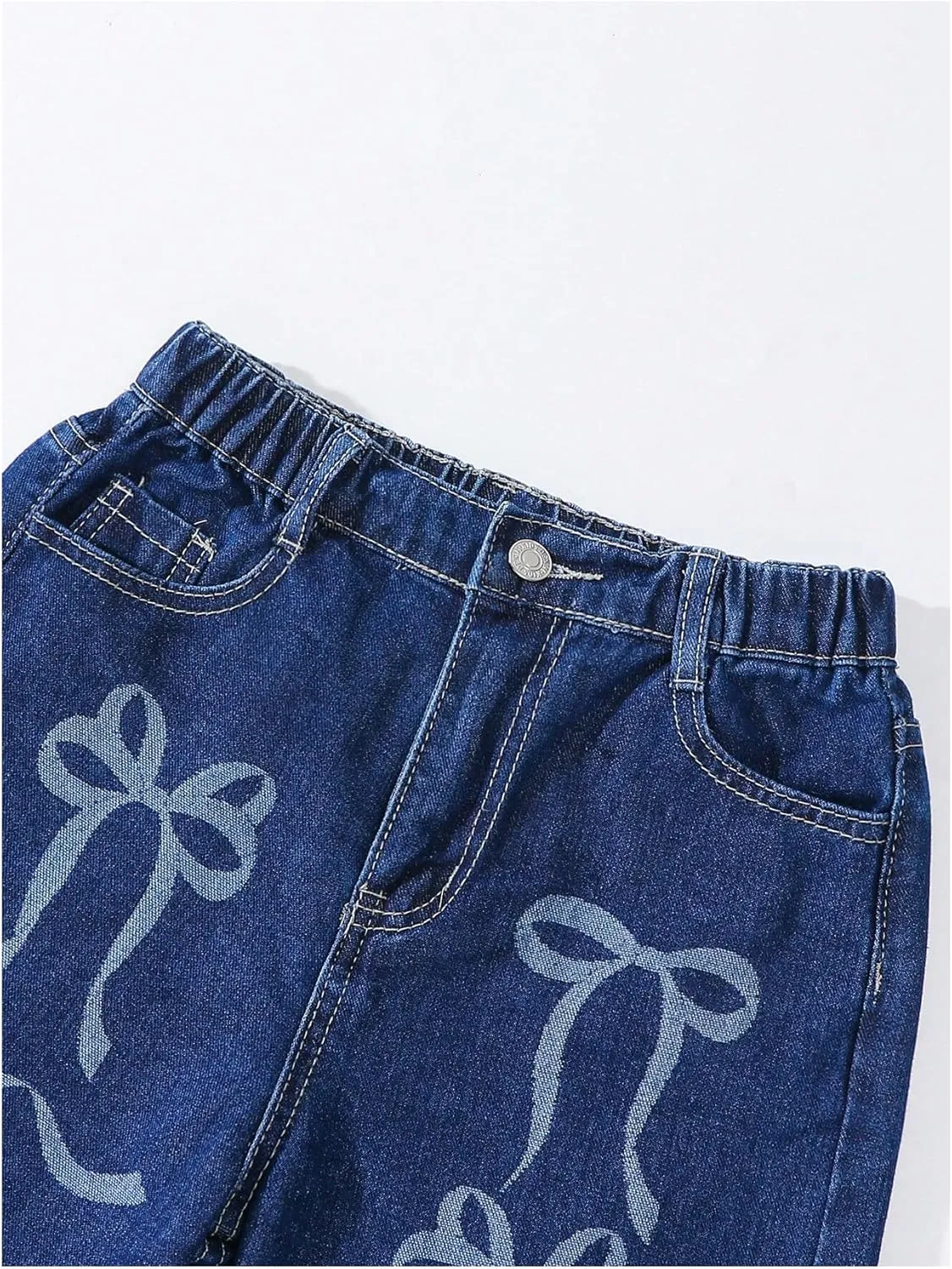 MakeMeChic Girl's Bow Knot Print Straight Leg Loose Fit Zip Fly Cute Jeans Denim Pants