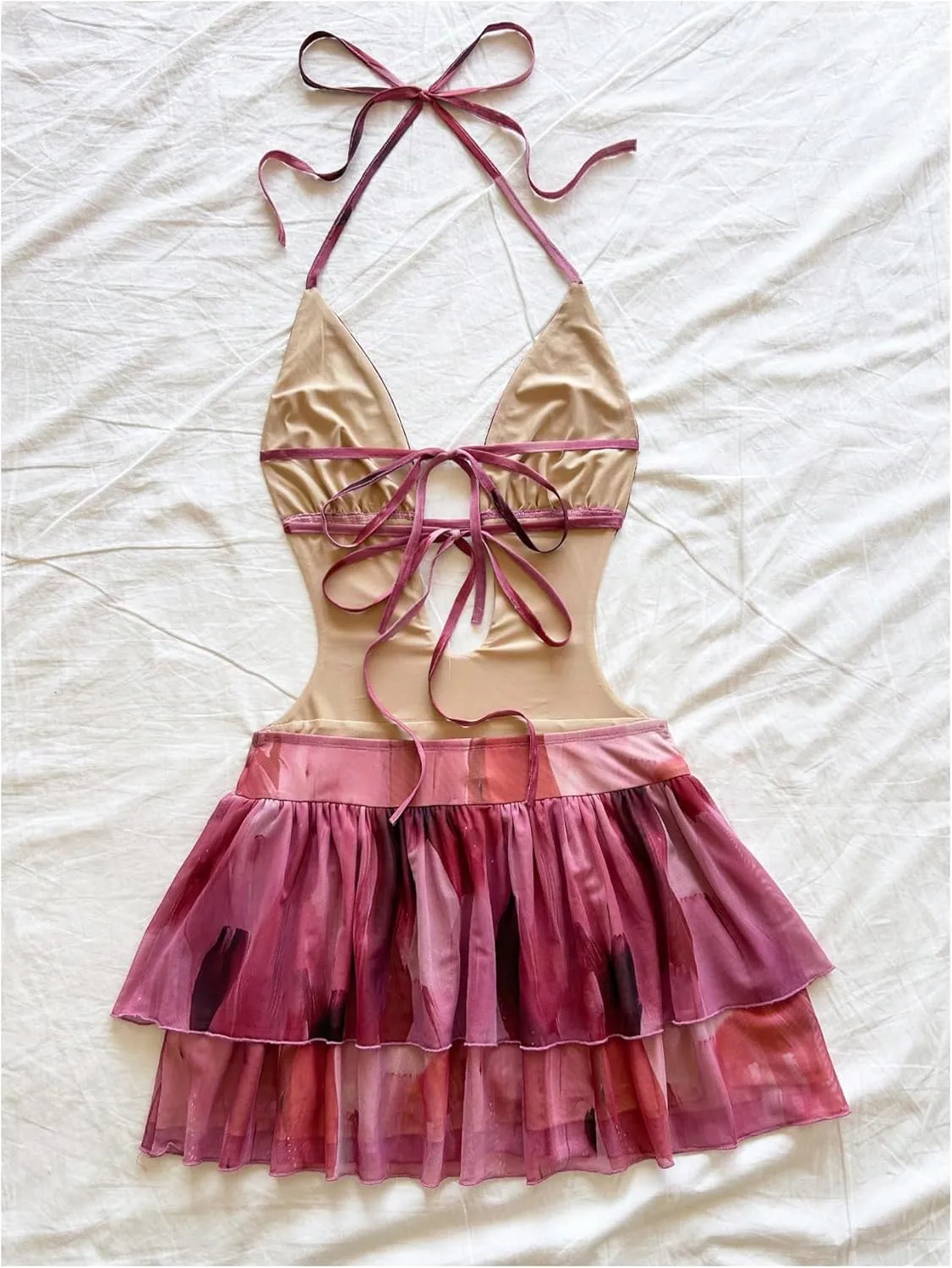 MakeMeChic Women's Halter Dresses Tie Dye Tiered Ruffle Backless Summer Beach Mini Dress
