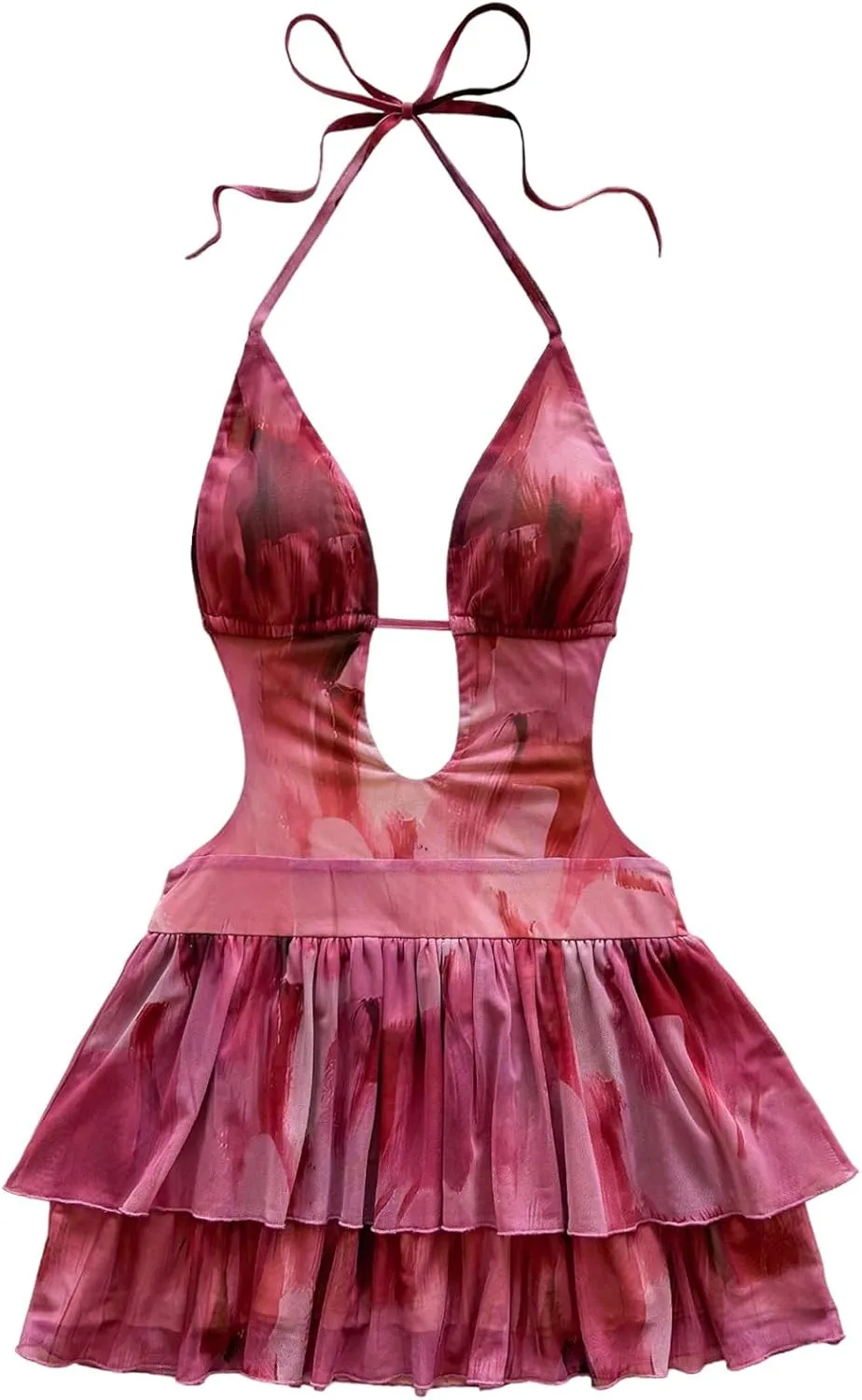 MakeMeChic Women's Halter Dresses Tie Dye Tiered Ruffle Backless Summer Beach Mini Dress