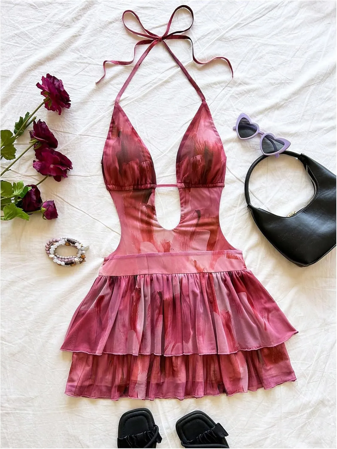 MakeMeChic Women's Halter Dresses Tie Dye Tiered Ruffle Backless Summer Beach Mini Dress