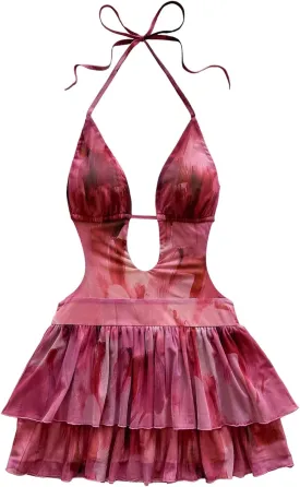MakeMeChic Women's Halter Dresses Tie Dye Tiered Ruffle Backless Summer Beach Mini Dress