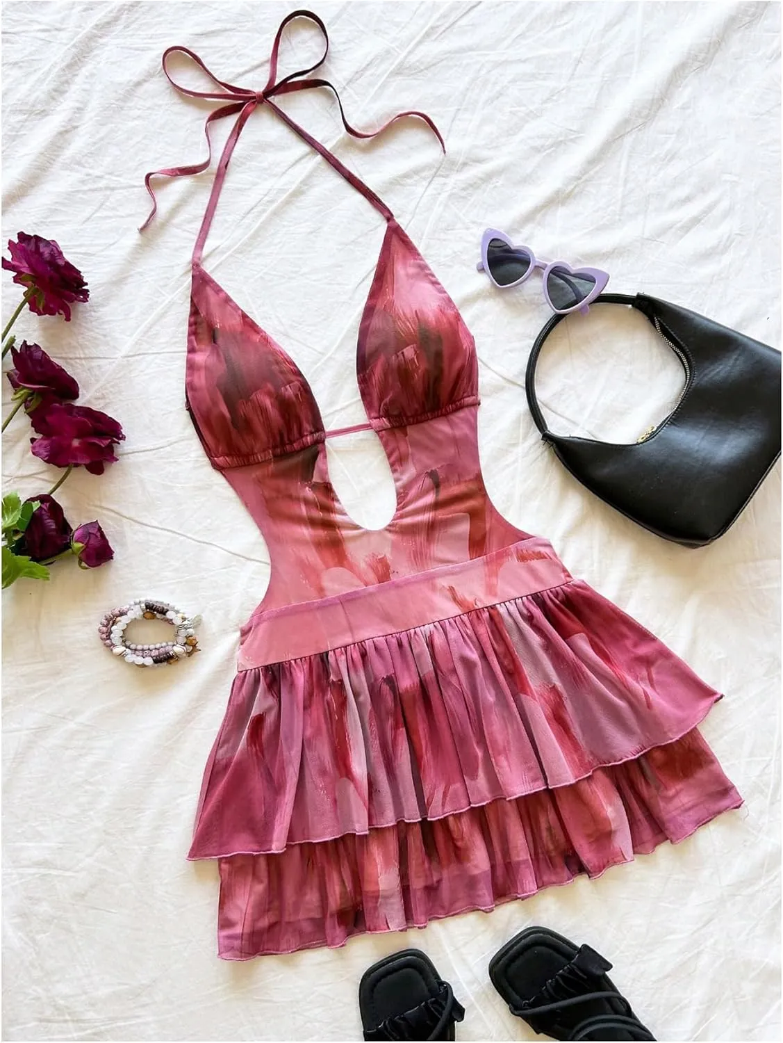 MakeMeChic Women's Halter Dresses Tie Dye Tiered Ruffle Backless Summer Beach Mini Dress