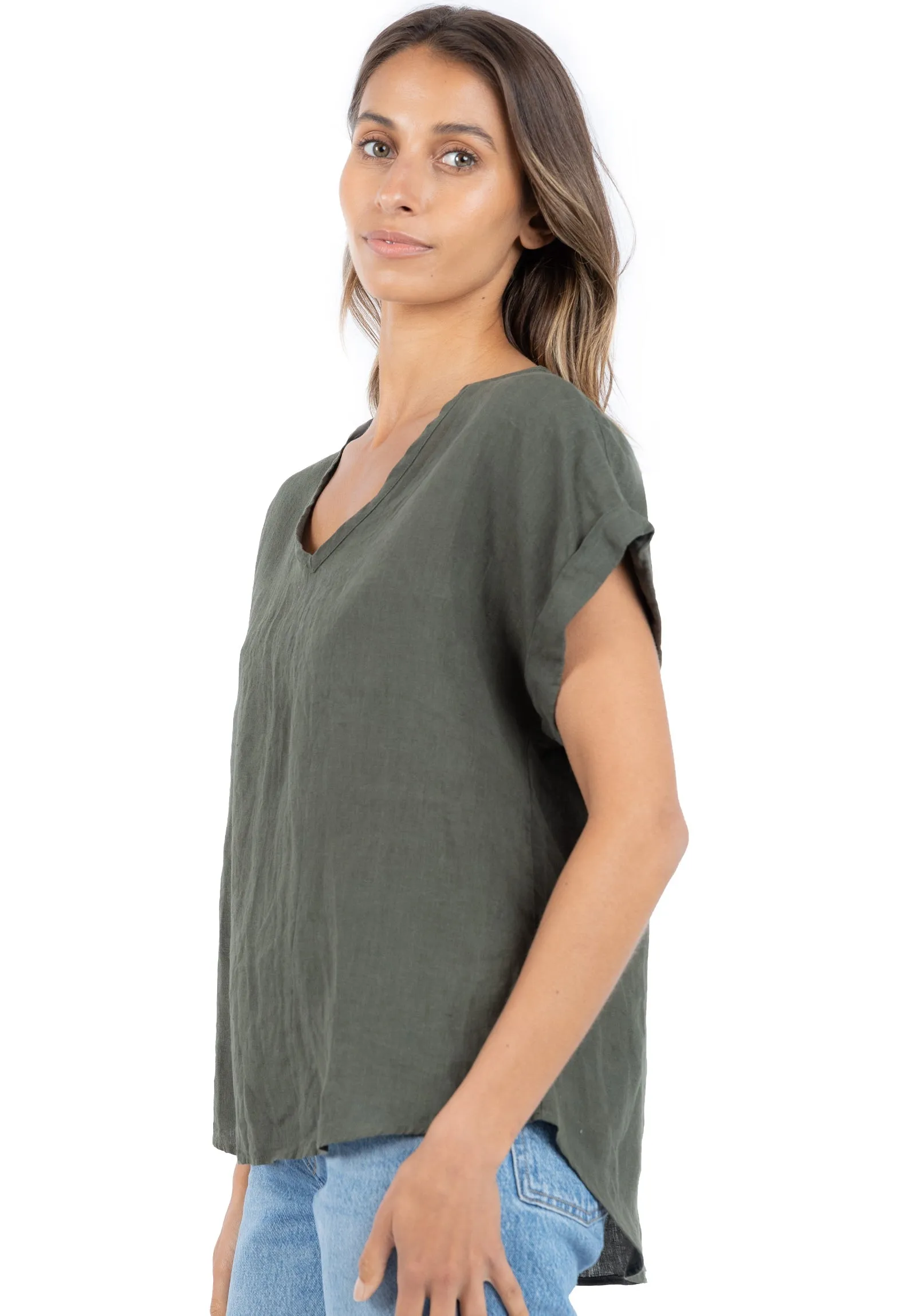 Martina Olive Green Sand Washed Linen T-Shirt
