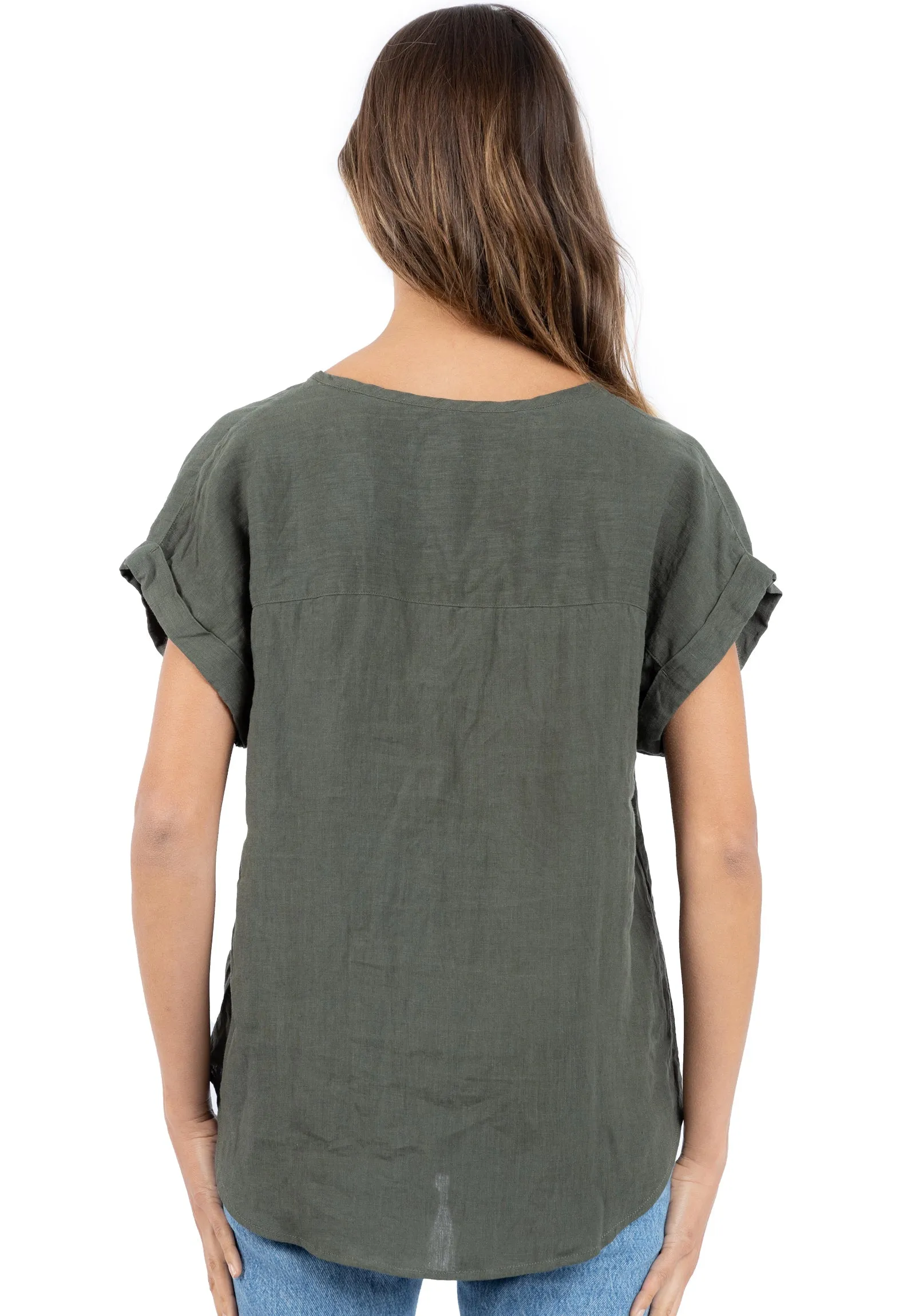 Martina Olive Green Sand Washed Linen T-Shirt