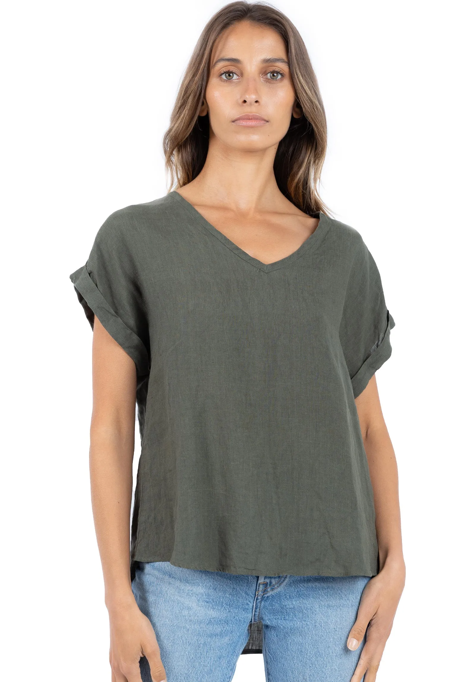 Martina Olive Green Sand Washed Linen T-Shirt