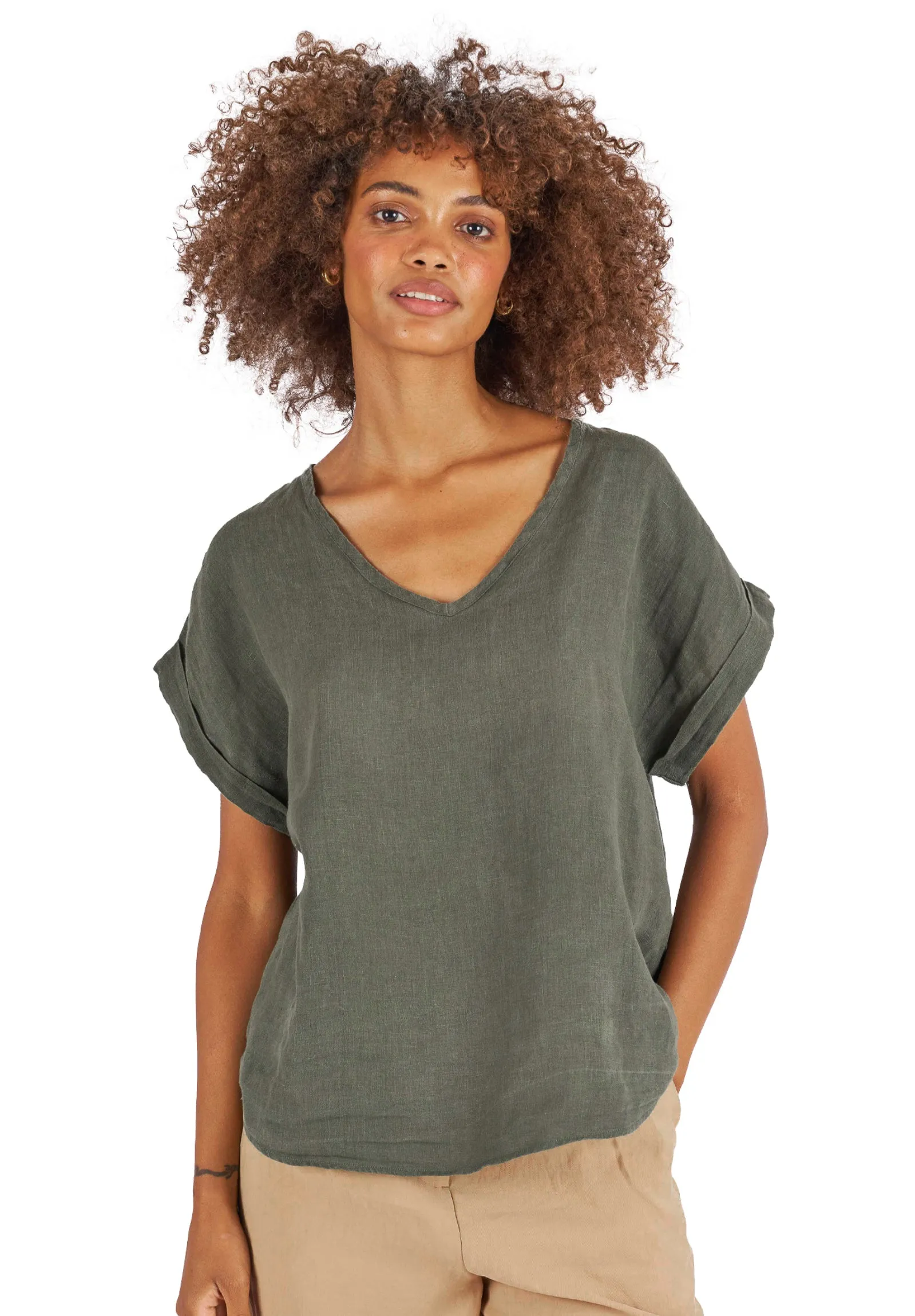 Martina Olive Green Sand Washed Linen T-Shirt