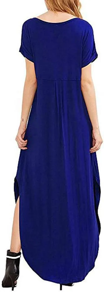 Match Women's V-Neck Casual Loose Short Sleeve Long T-Shirt Dress Split Maxi Dress with Side Pocket
