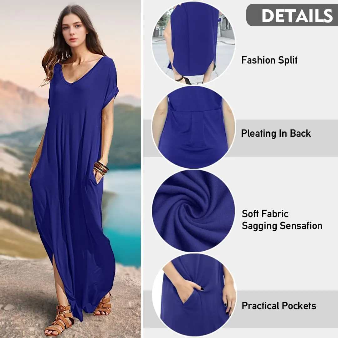 Match Women's V-Neck Casual Loose Short Sleeve Long T-Shirt Dress Split Maxi Dress with Side Pocket