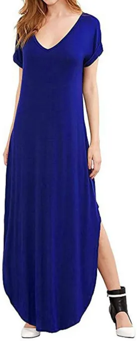 Match Women's V-Neck Casual Loose Short Sleeve Long T-Shirt Dress Split Maxi Dress with Side Pocket