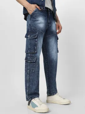 Men's Blue Loose Fit Cargo Jeans With 7 Pockets Non Stretchable