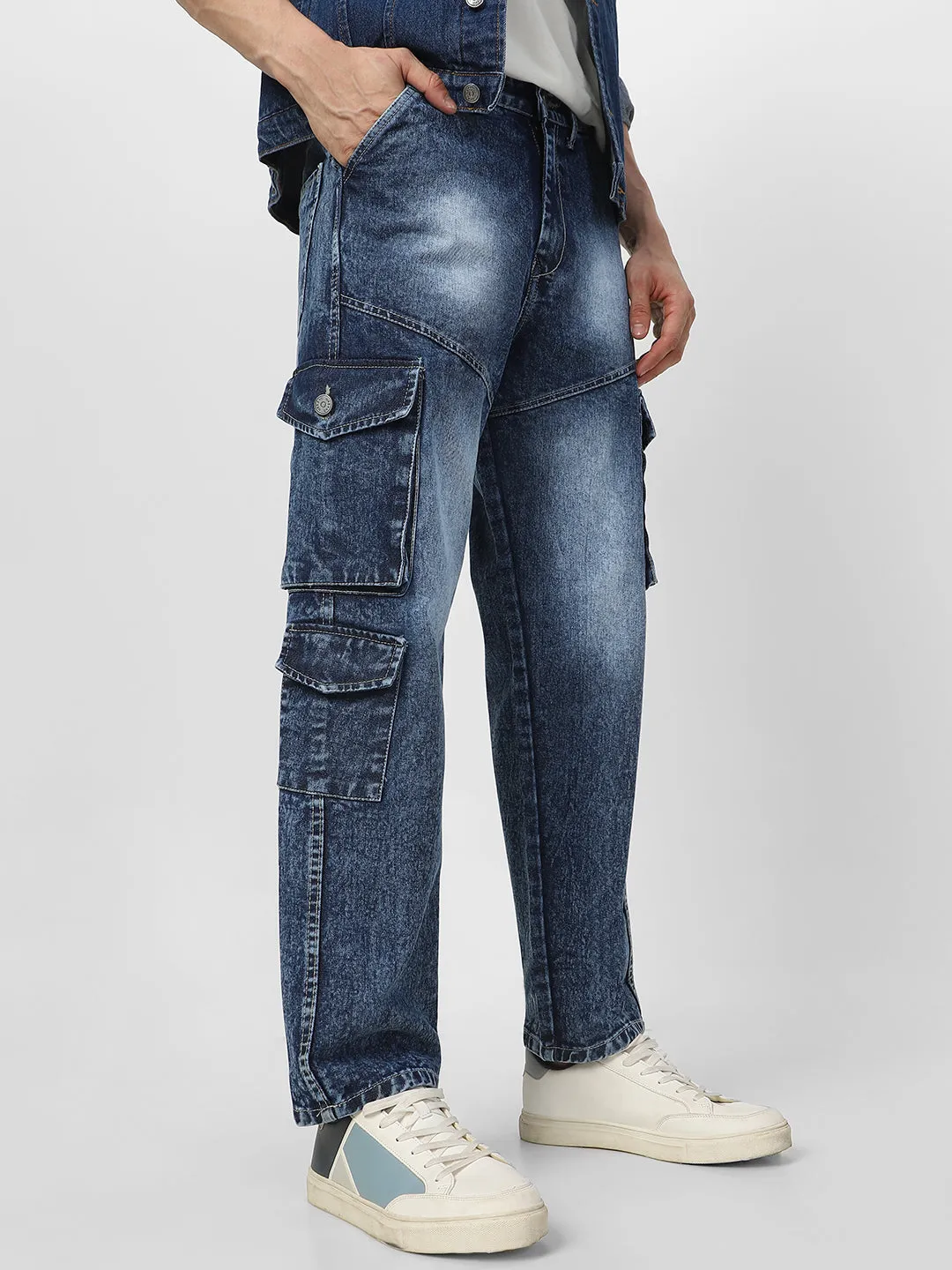 Men's Blue Loose Fit Cargo Jeans With 7 Pockets Non Stretchable