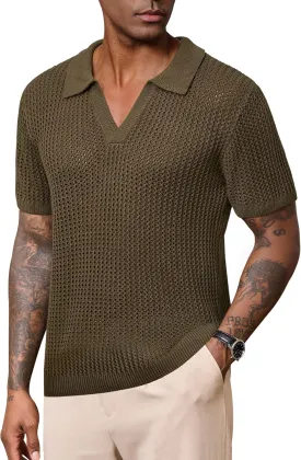 Mens Johnny Collar Polo Shirts Crochet Hollow Out Summer Casual Shirt (S-XXL)