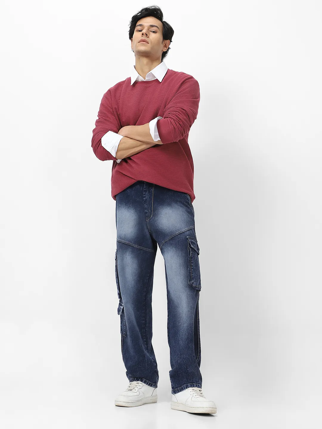 Men's Navy Loose Fit Cargo Jeans With 7 Pockets Non Stretchable