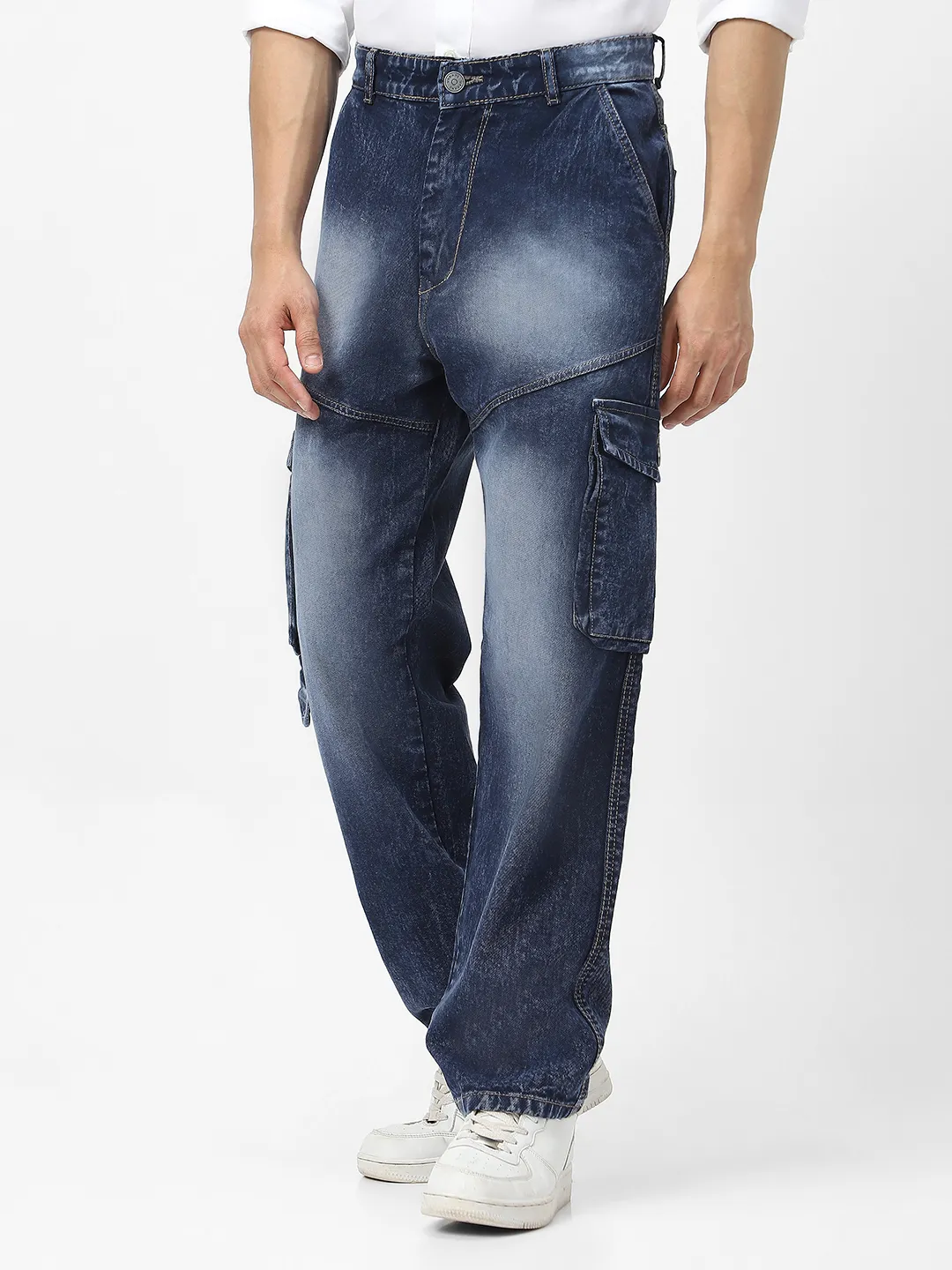 Men's Navy Loose Fit Cargo Jeans With 7 Pockets Non Stretchable