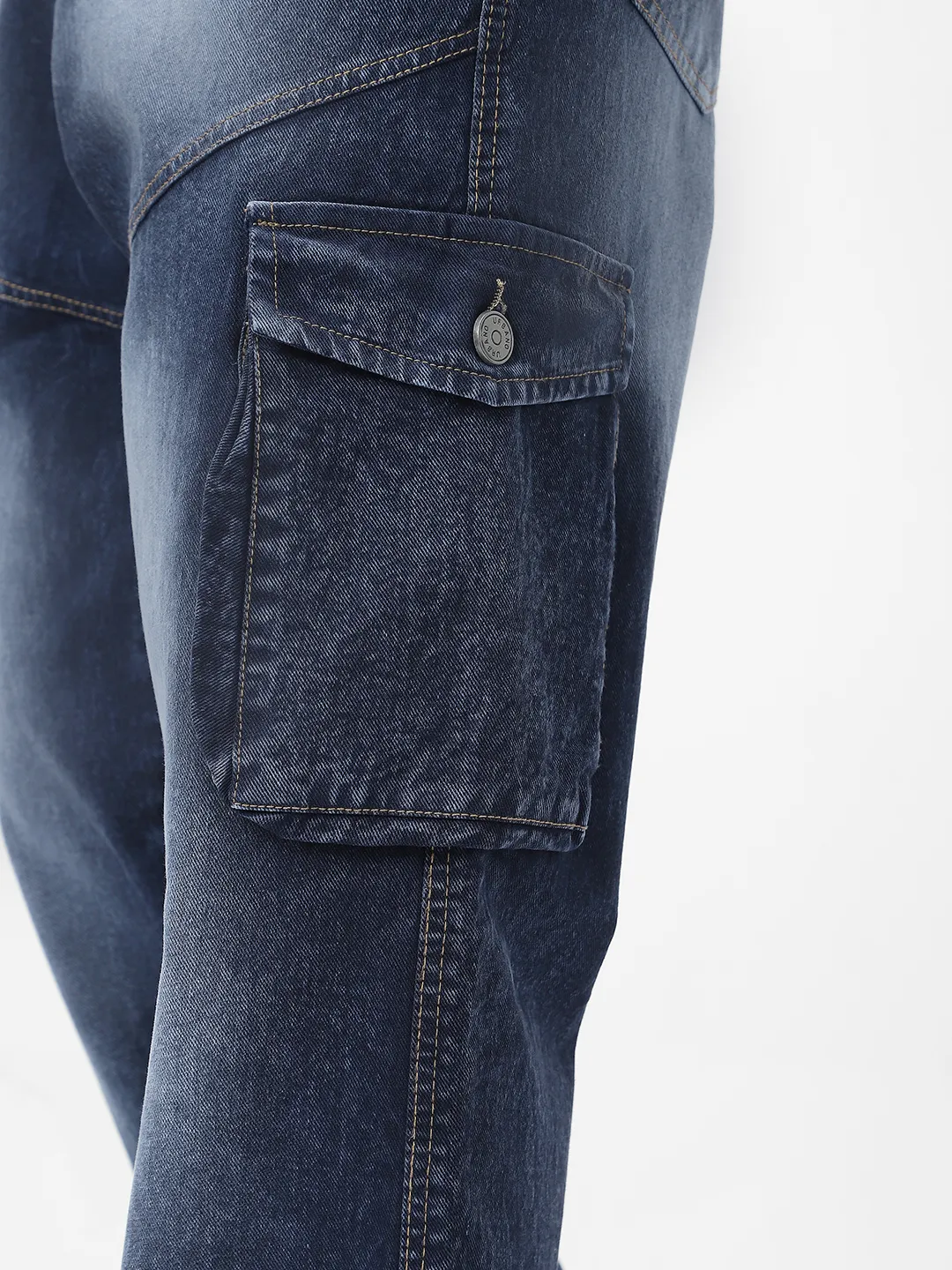 Men's Navy Loose Fit Cargo Jeans With 7 Pockets Non Stretchable